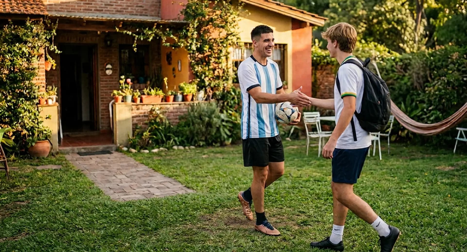 Un jugador local recibe con un saludo, en el patio de su casa y a plena tarde, a quien llega con la mochila al hombro.