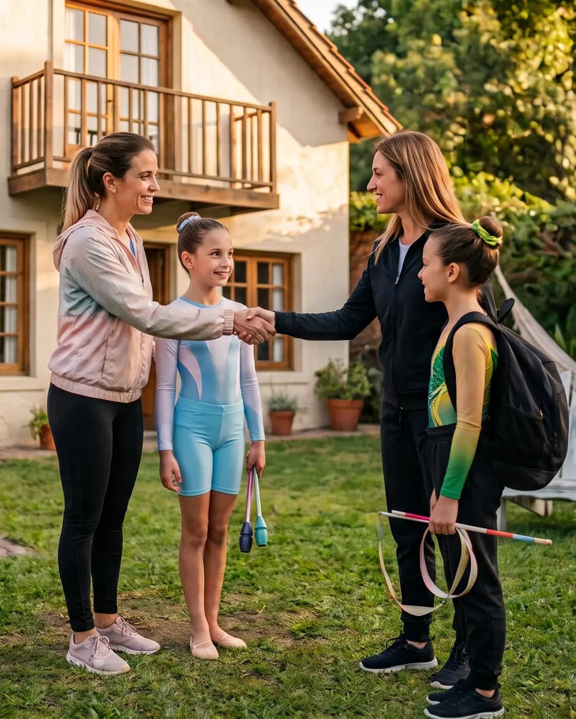 Dos adultas se saludan en el jardín de una casa mientras las dos gimnastas que viajan con ellas esperan al lado, con sus elementos en la mano.