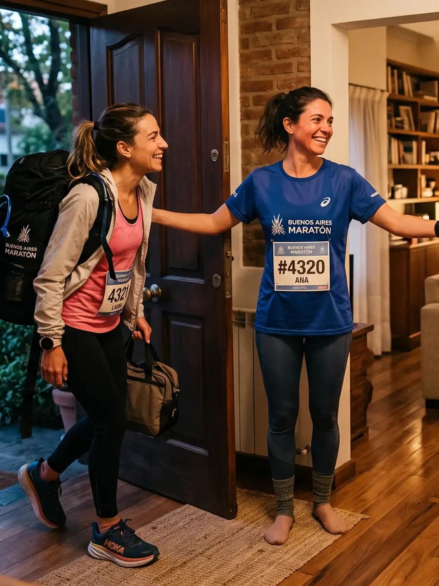 Una corredora abre la puerta de su casa y recibe con los brazos abiertos a otra que llega con la mochila al hombro.