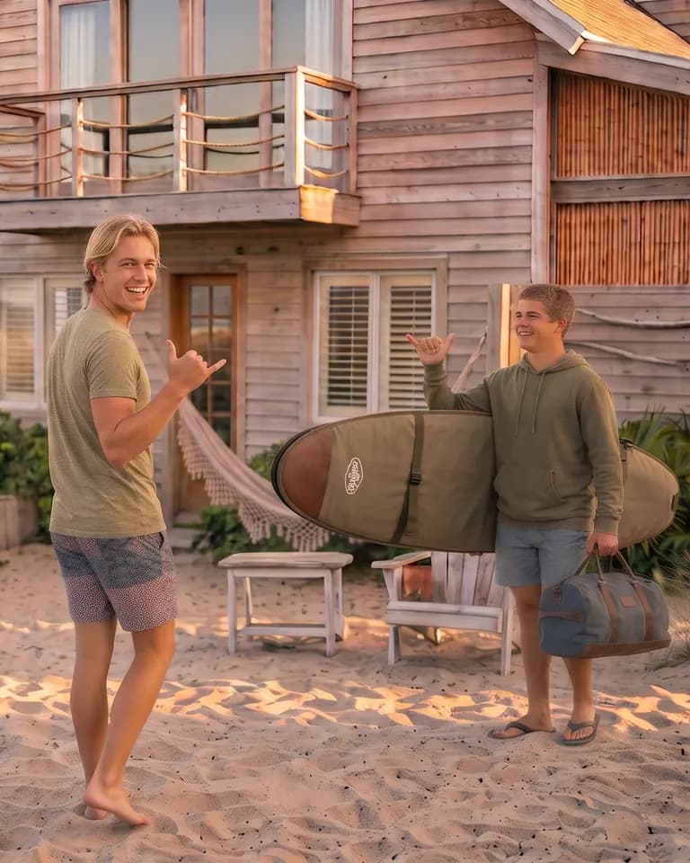 Dos surfistas se saludan en la arena frente a una casa de madera: el que vive ahí recibe al que llega con la tabla y el bolso.